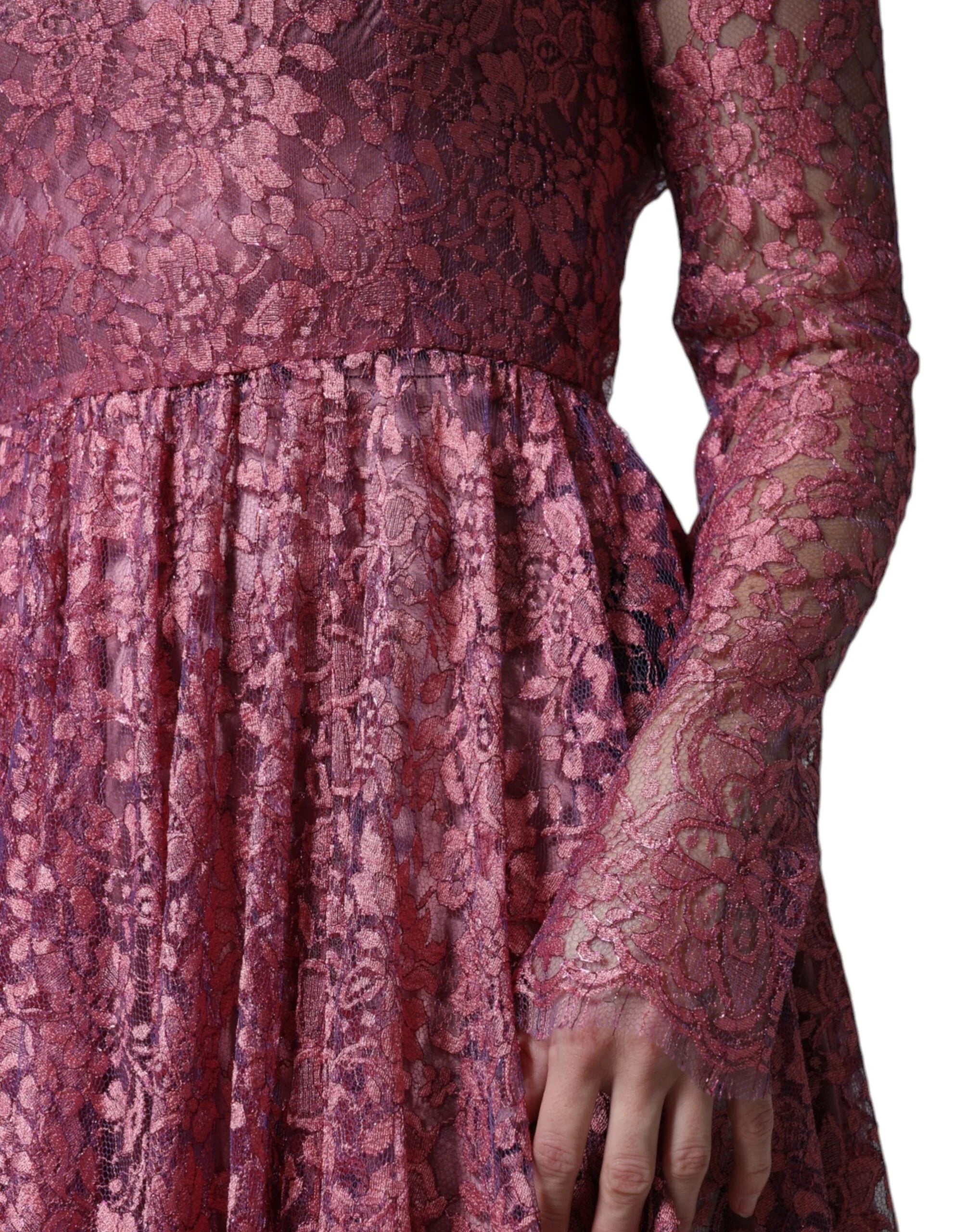 Dolce & Gabbana Pink Floral Lace Long Sleeve Midi Dress - IT36|XXS - Dresses