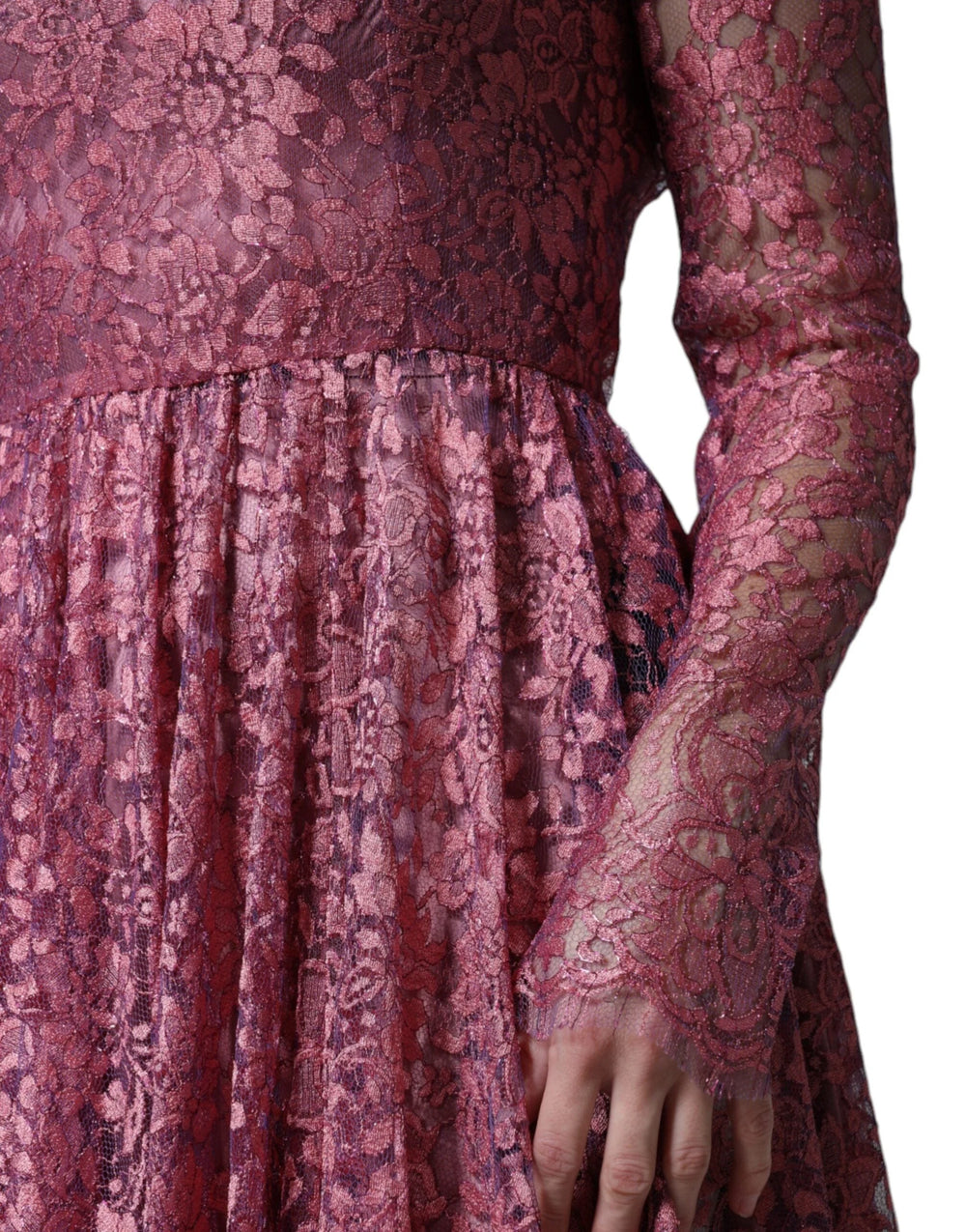 Dolce & Gabbana Pink Floral Lace Long Sleeve Midi Dress - IT36|XXS - Dresses