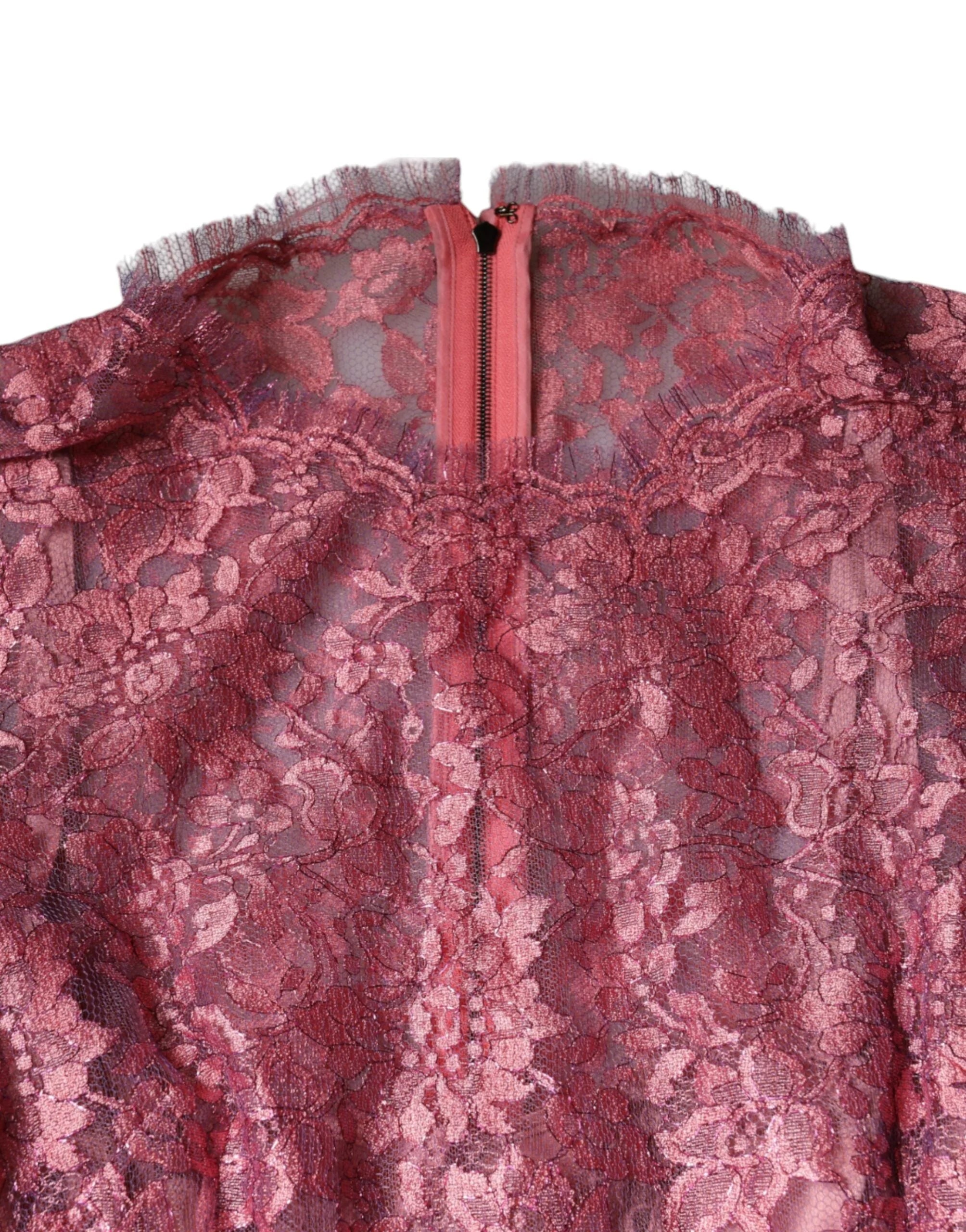 Dolce & Gabbana Pink Floral Lace Long Sleeve Midi Dress - IT36|XXS - Dresses