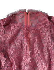 Dolce & Gabbana Pink Floral Lace Long Sleeve Midi Dress - IT36|XXS - Dresses