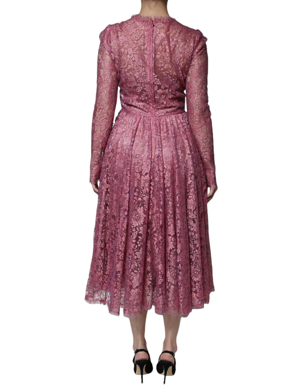 Dolce & Gabbana Pink Floral Lace Long Sleeve Midi Dress - IT36|XXS - Dresses