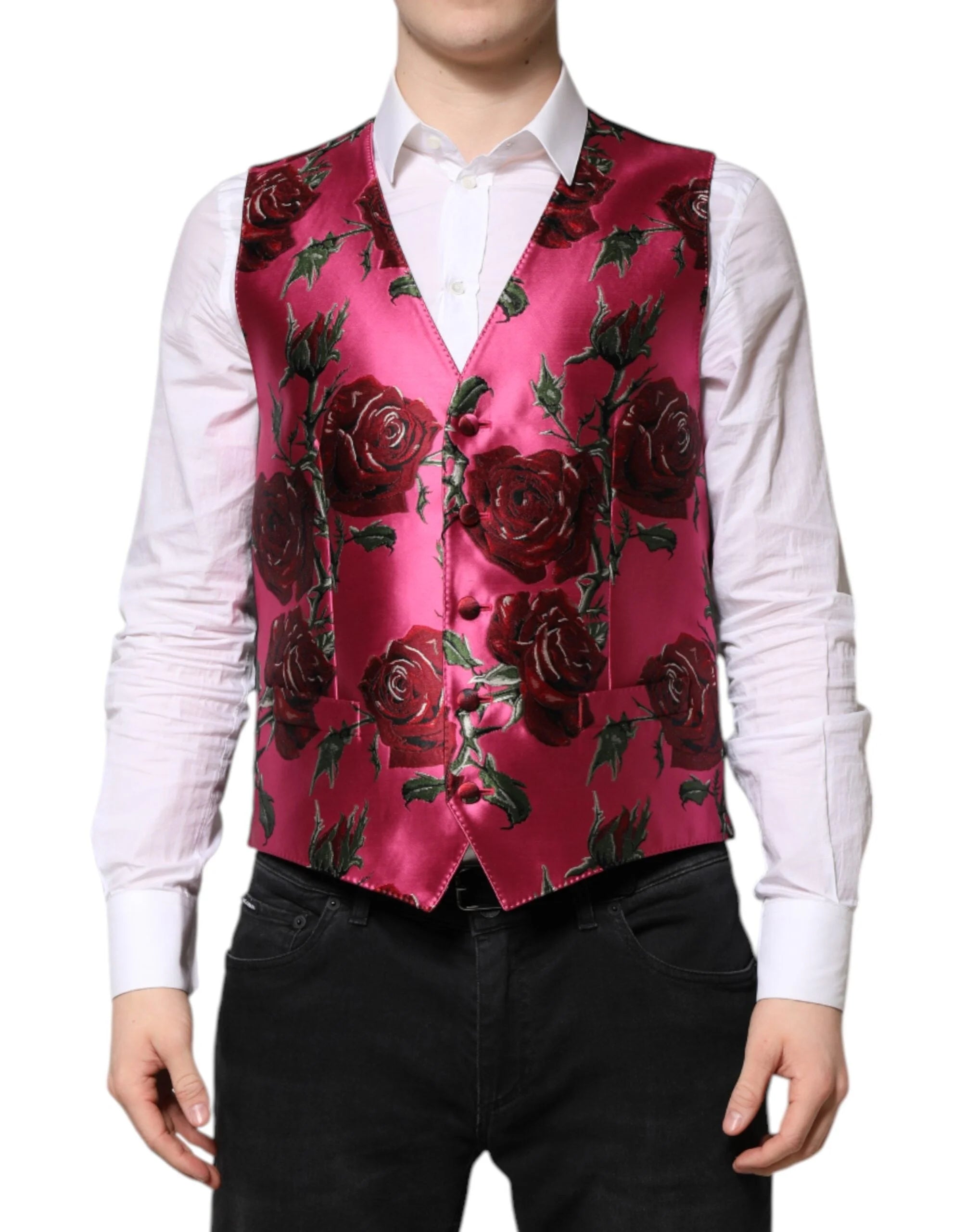Dolce & Gabbana Pink Floral Satin Formal Men Waistcoat Vest - IT50 | L