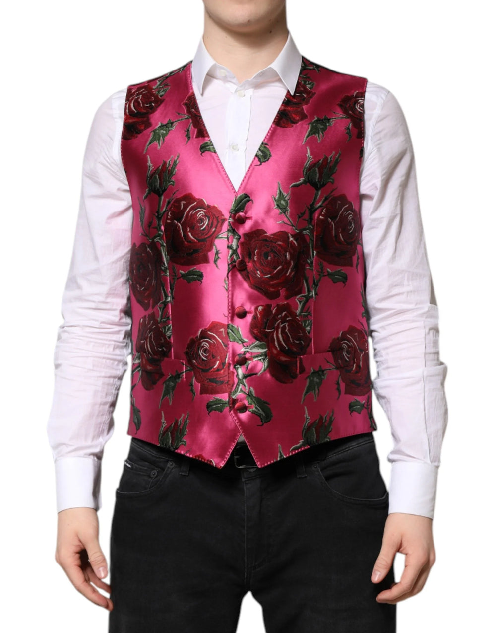 Dolce & Gabbana Pink Floral Satin Formal Men Waistcoat Vest - IT50 | L