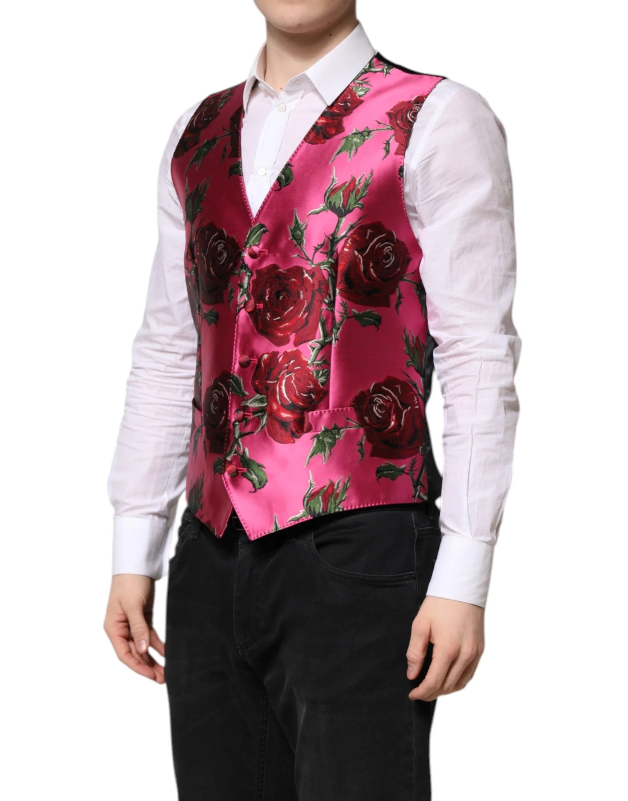 Dolce & Gabbana Pink Floral Satin Formal Men Waistcoat Vest - IT50 | L