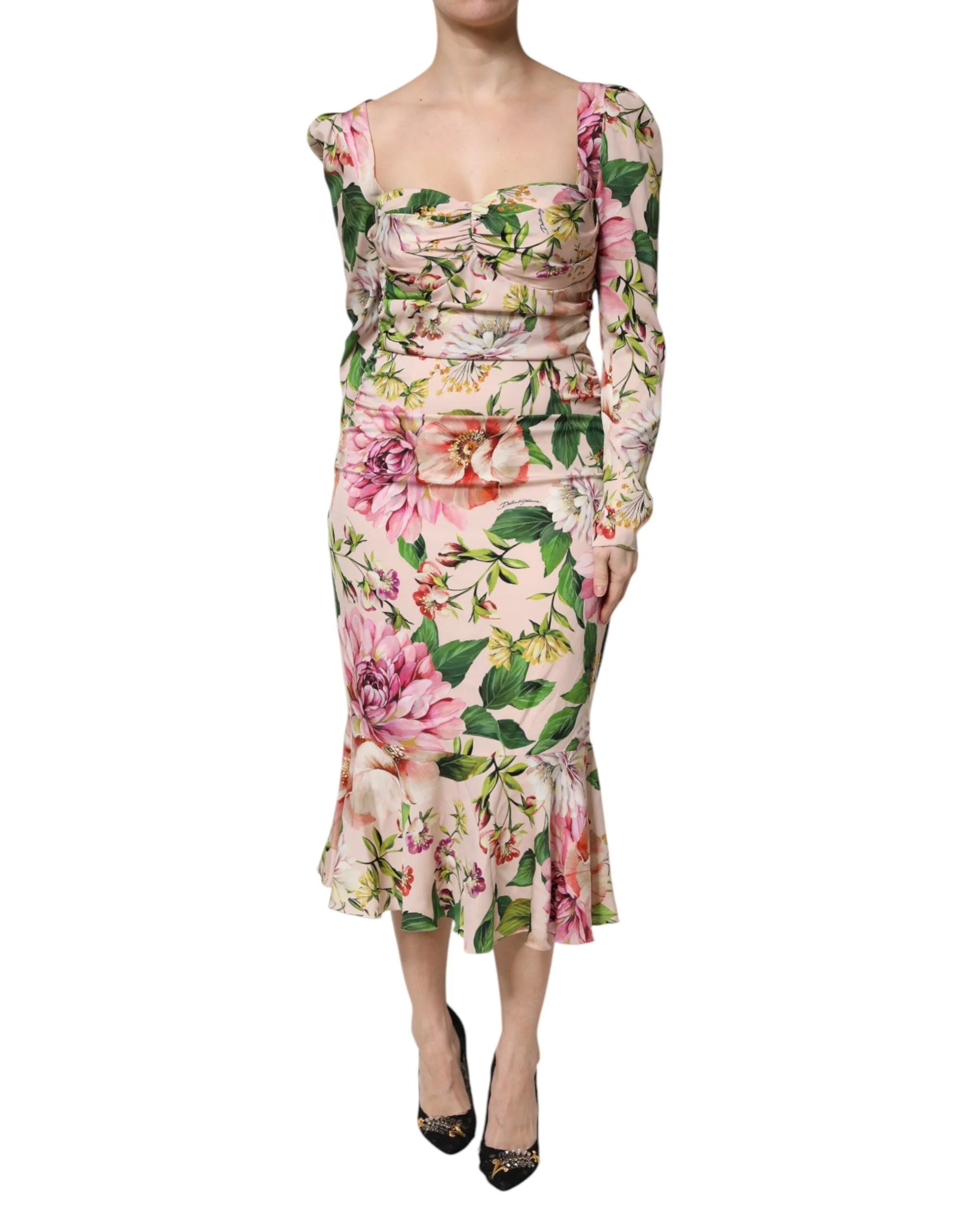 Dolce & Gabbana Pink Floral Silk Fit And Flared Midi Dress - Dresses