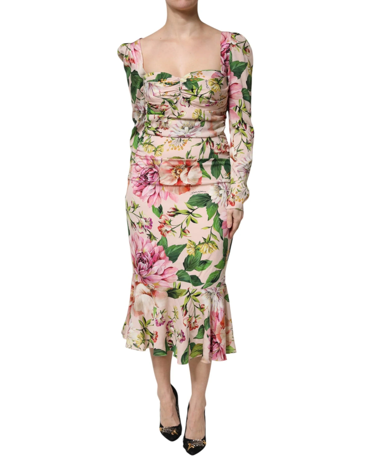 Dolce & Gabbana Pink Floral Silk Fit And Flared Midi Dress - Dresses