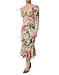 Dolce & Gabbana Pink Floral Silk Fit And Flared Midi Dress - Dresses