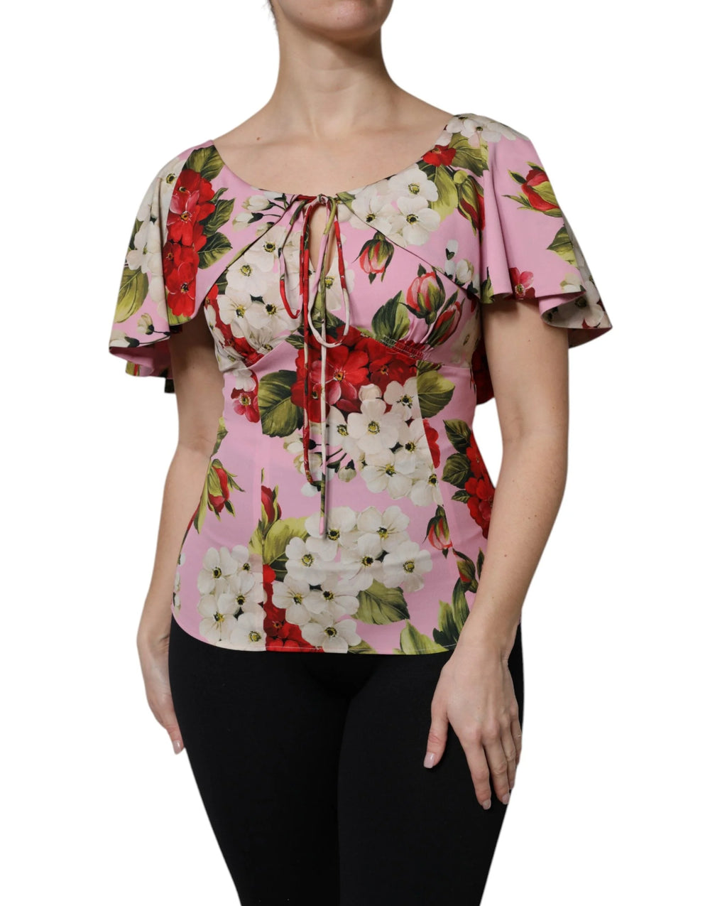 Dolce & Gabbana Pink Floral Silk Short Sleeves Blouse Top - Blouses