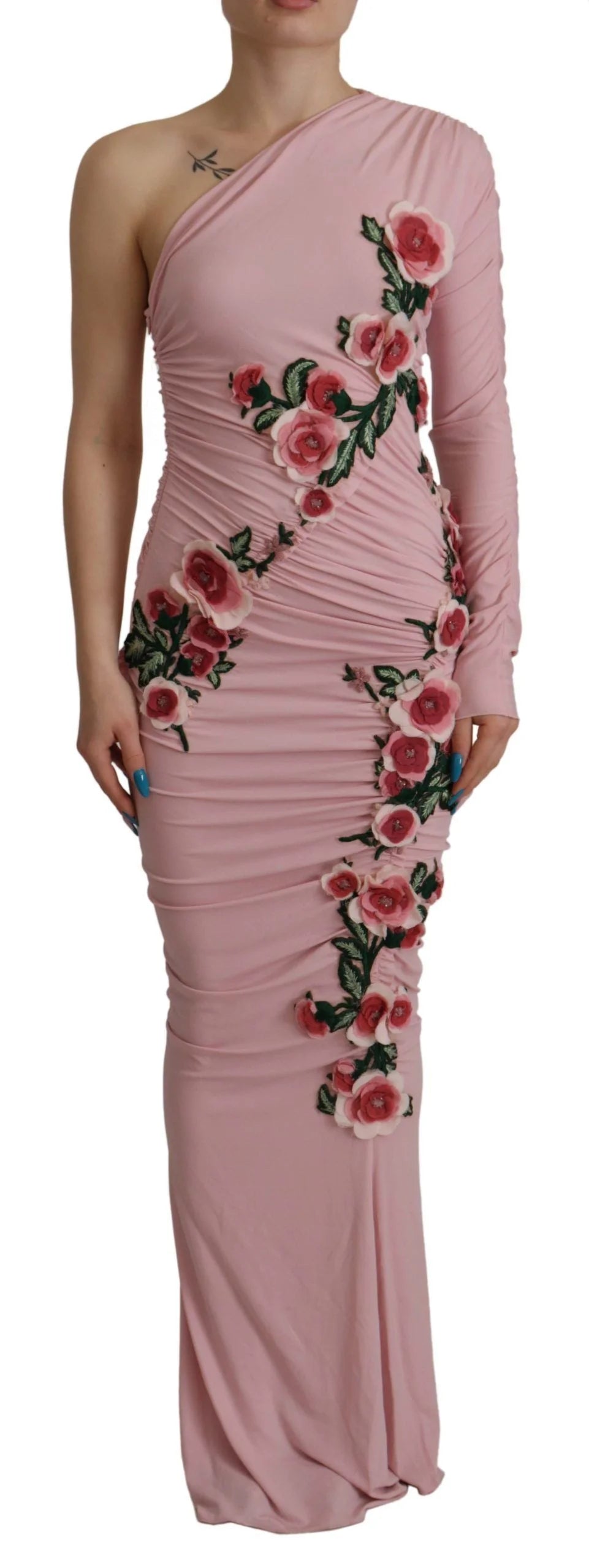 Dolce & Gabbana Pink Flower Embellished One Shoulder Dress - IT38|XS - Dresses