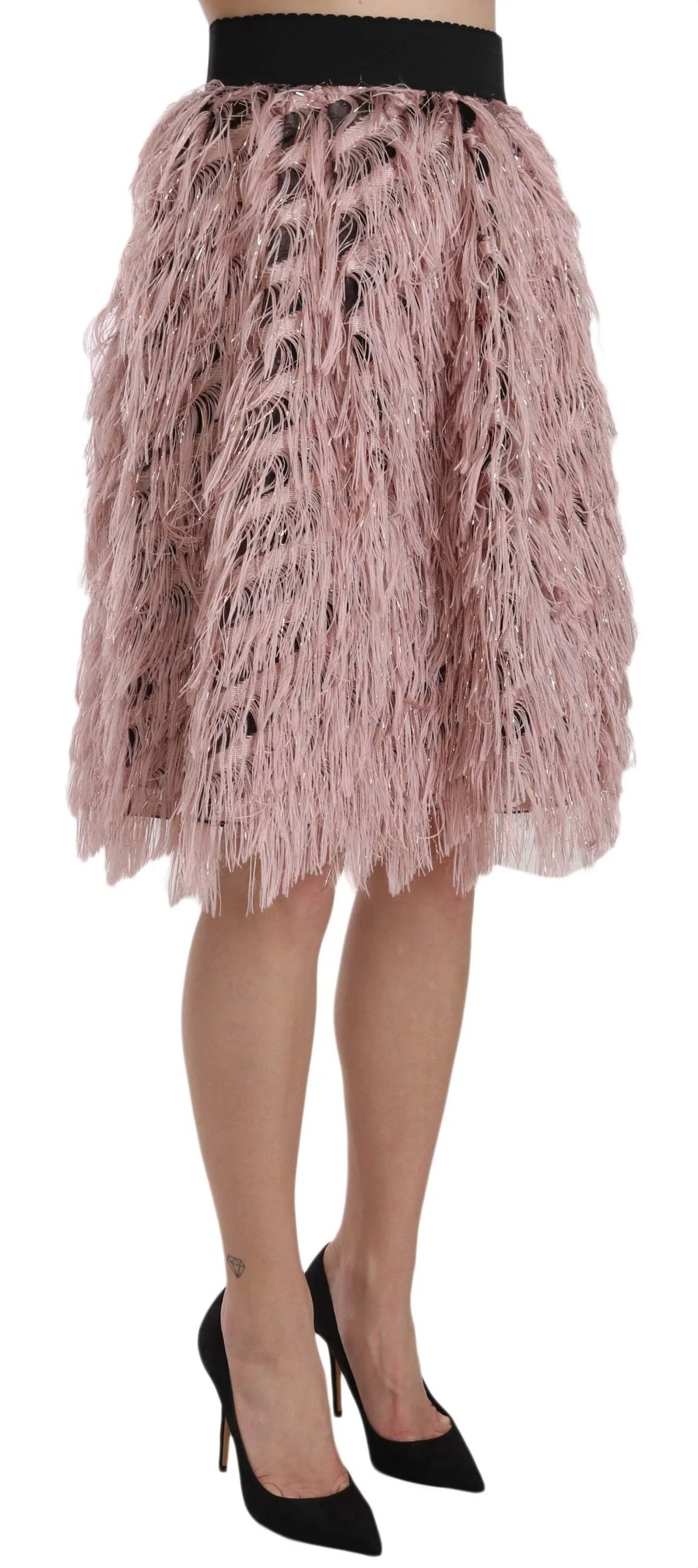 Jupe crayon A-line en cuir métallisé rose or à franges Dolce & Gabbana - IT42|M