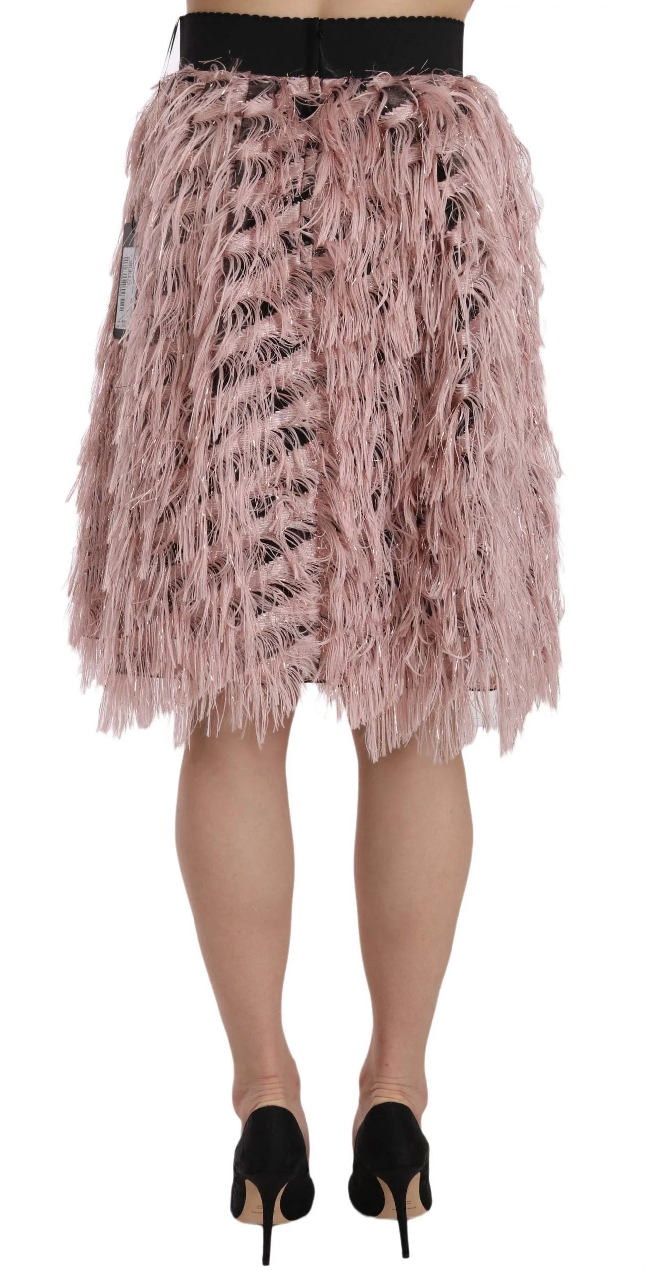Jupe crayon A-line en cuir métallisé rose or à franges Dolce & Gabbana - IT42|M