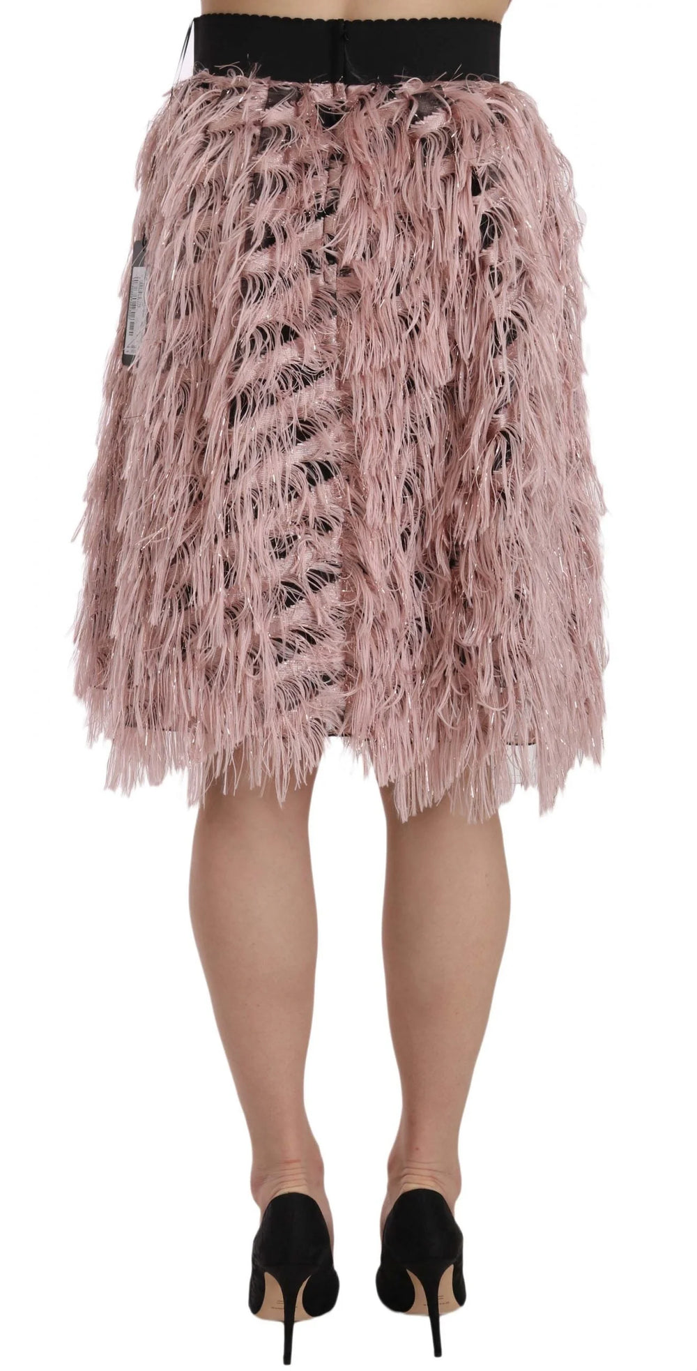 Jupe crayon A-line en cuir métallisé rose or à franges Dolce & Gabbana - IT42|M
