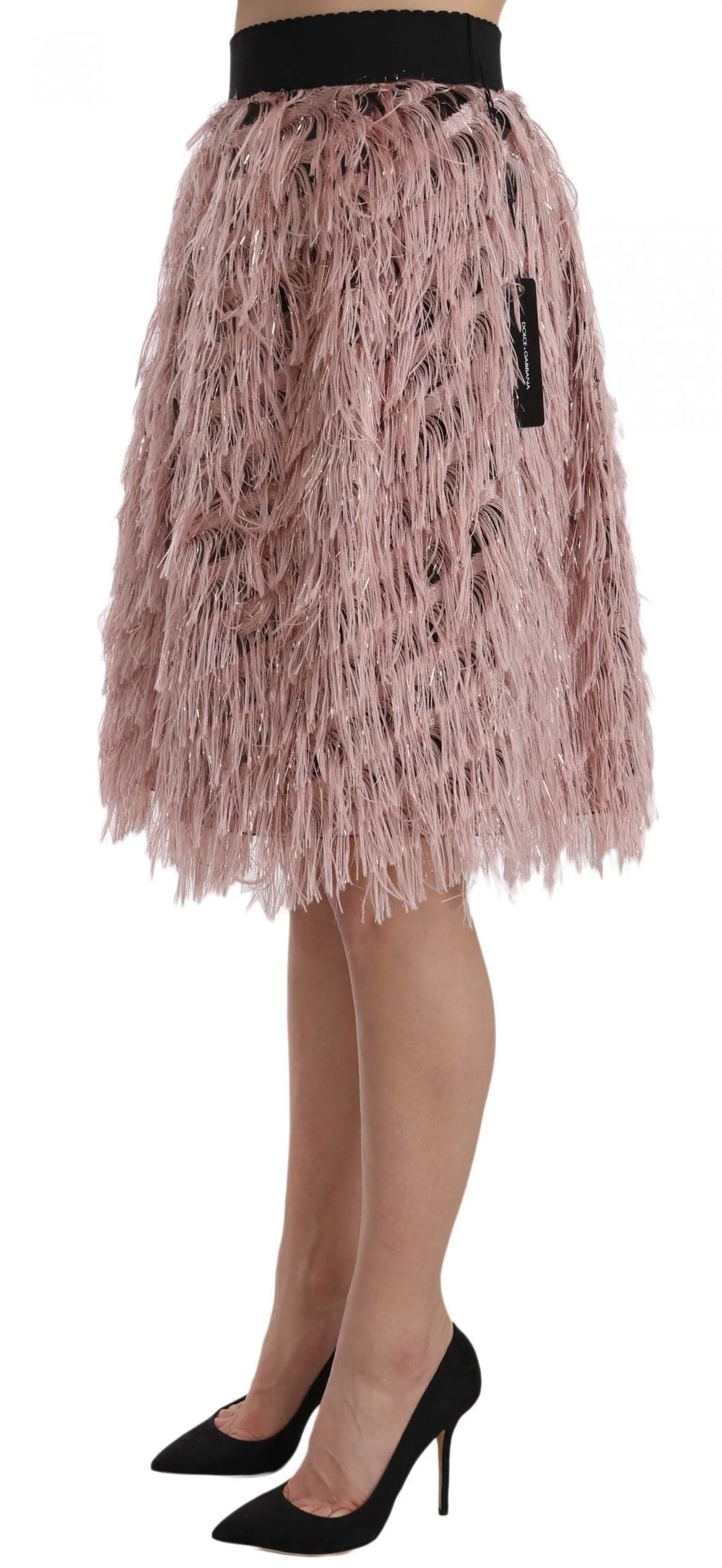 Jupe crayon A-line en cuir métallisé rose or à franges Dolce & Gabbana - IT42|M
