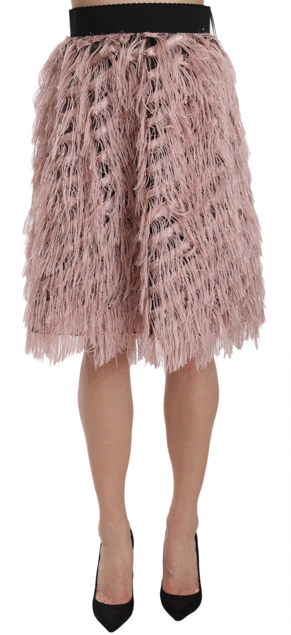 Jupe crayon A-line en cuir métallisé rose or à franges Dolce & Gabbana - IT42|M