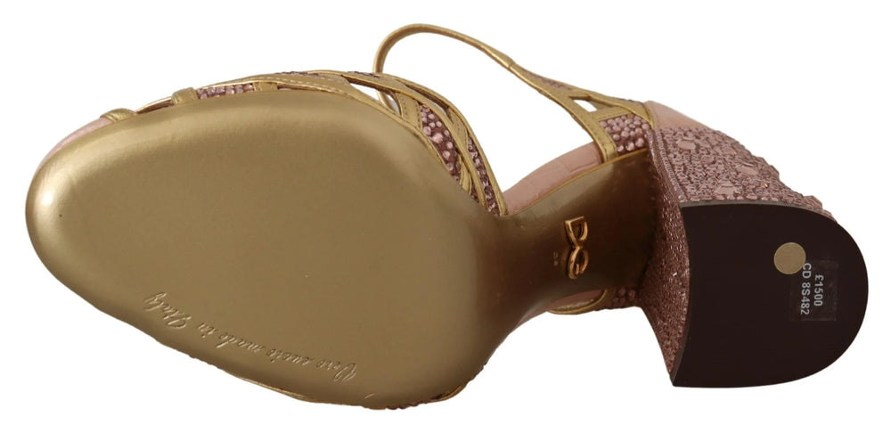 Dolce & Gabbana Pink Gold Leather Crystal Pumps T-strap Shoes - Heels