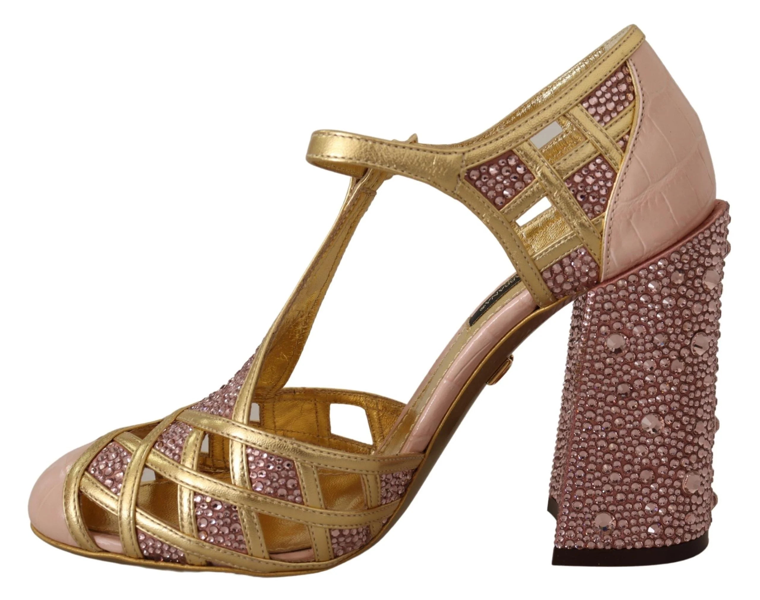 Dolce & Gabbana Pink Gold Leather Crystal Pumps T-strap Shoes - Heels