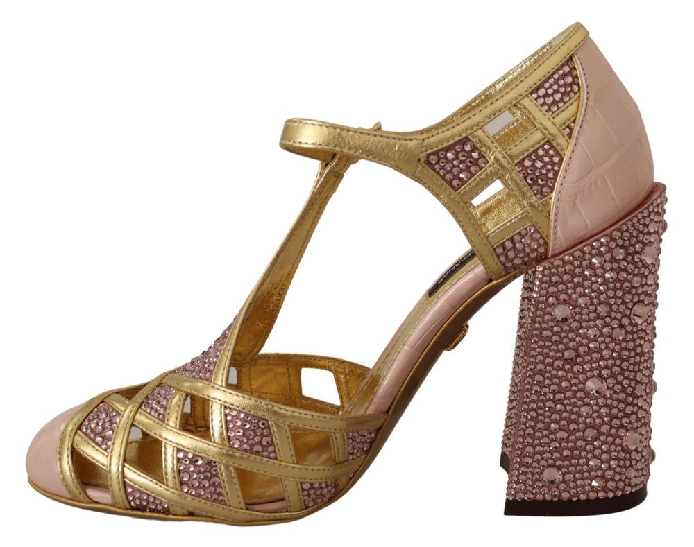 Dolce & Gabbana Pink Gold Leather Crystal Pumps T-strap Shoes - Heels