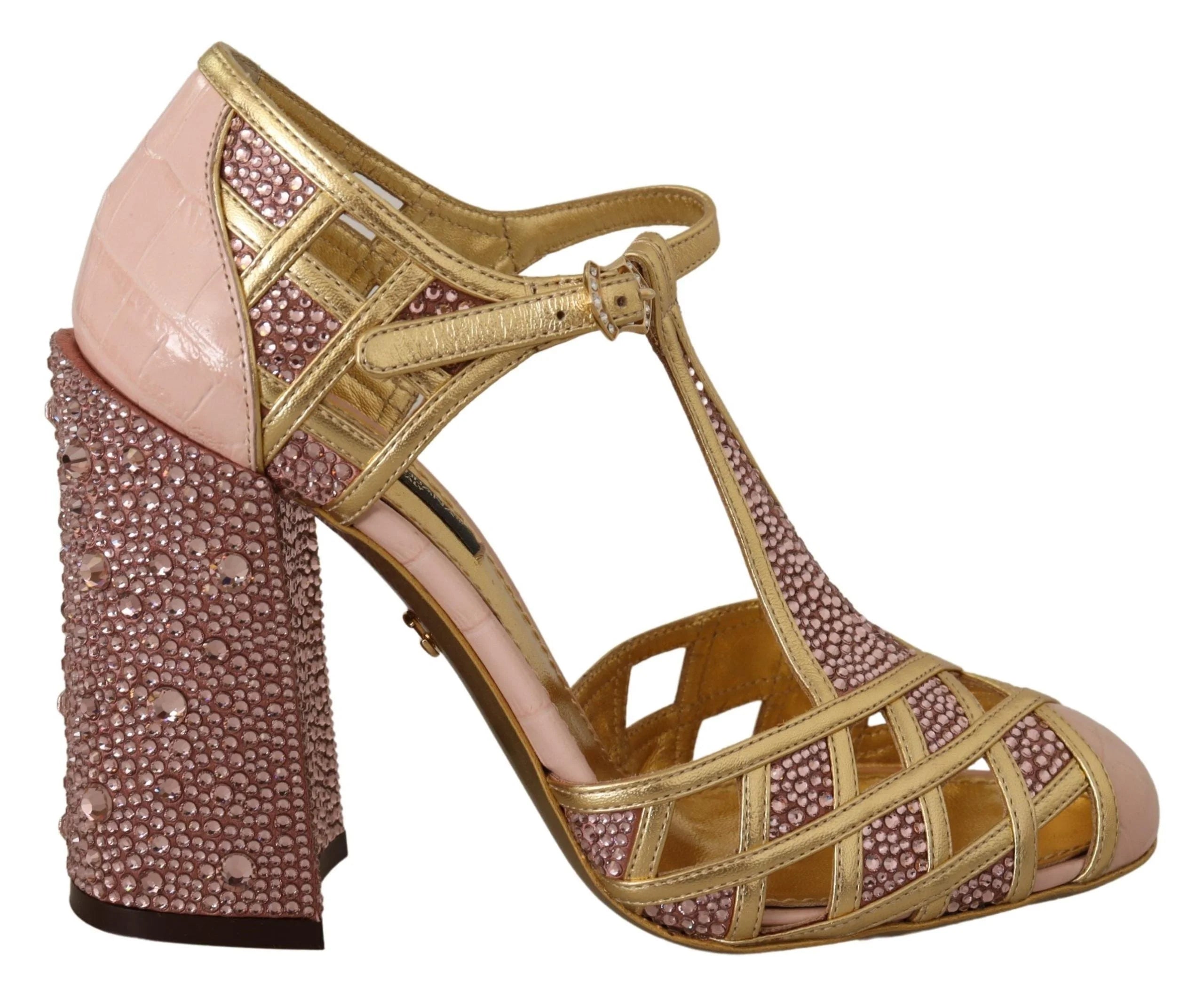 Dolce & Gabbana Pink Gold Leather Crystal Pumps T-strap Shoes - Heels