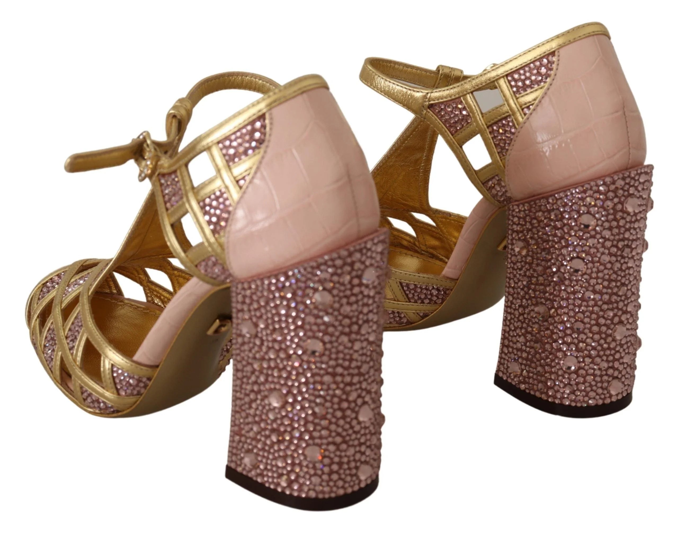 Dolce & Gabbana Pink Gold Leather Crystal Pumps T-strap Shoes - Heels