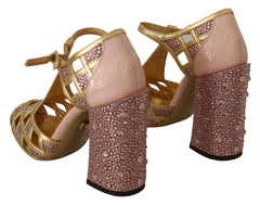 Dolce & Gabbana Pink Gold Leather Crystal Pumps T-strap Shoes - Heels