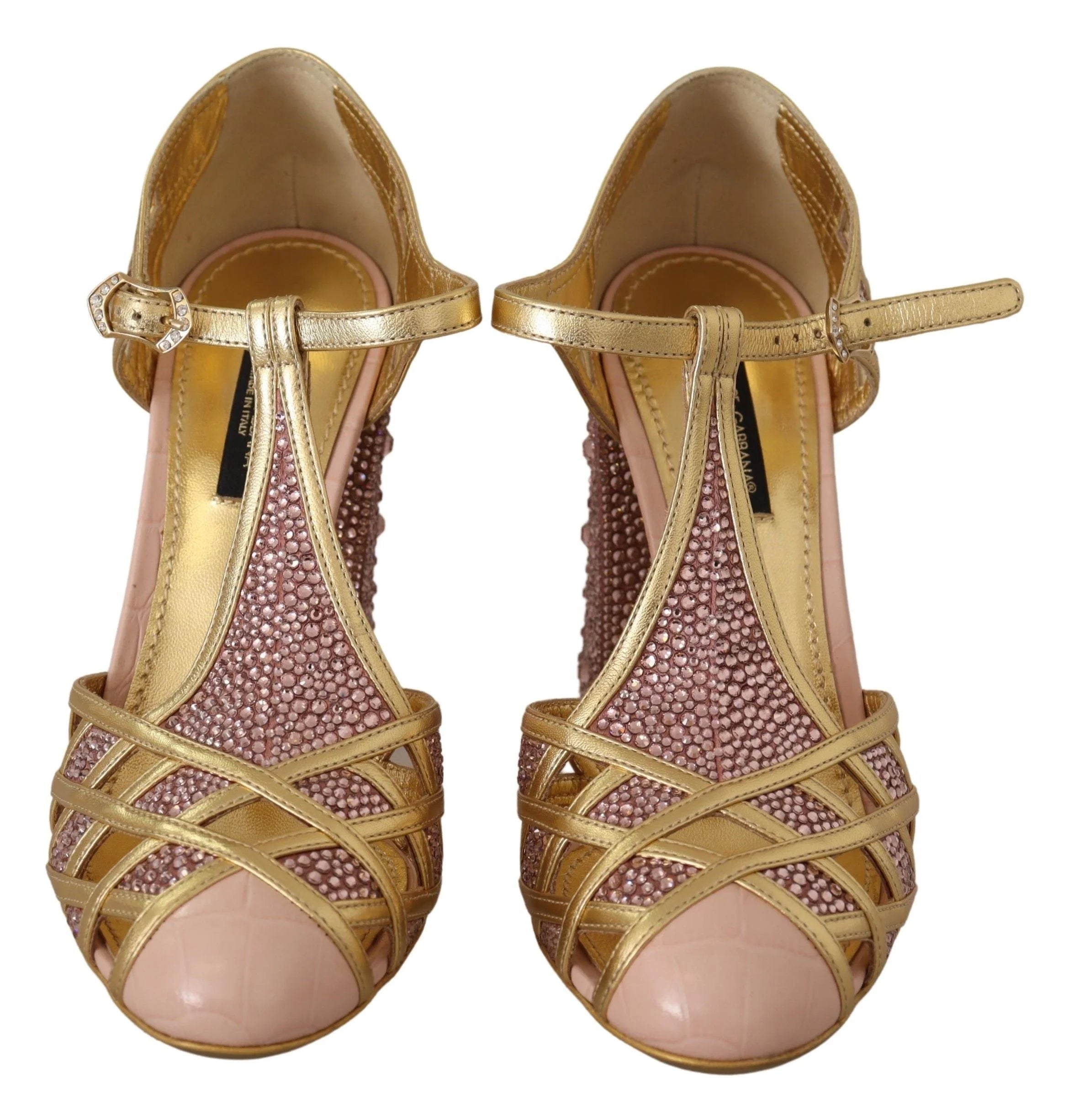 Dolce & Gabbana Pink Gold Leather Crystal Pumps T-strap Shoes - Heels