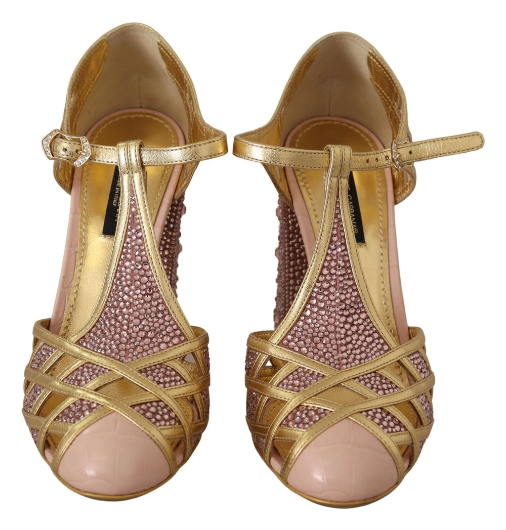 Dolce & Gabbana Pink Gold Leather Crystal Pumps T-strap Shoes - Heels