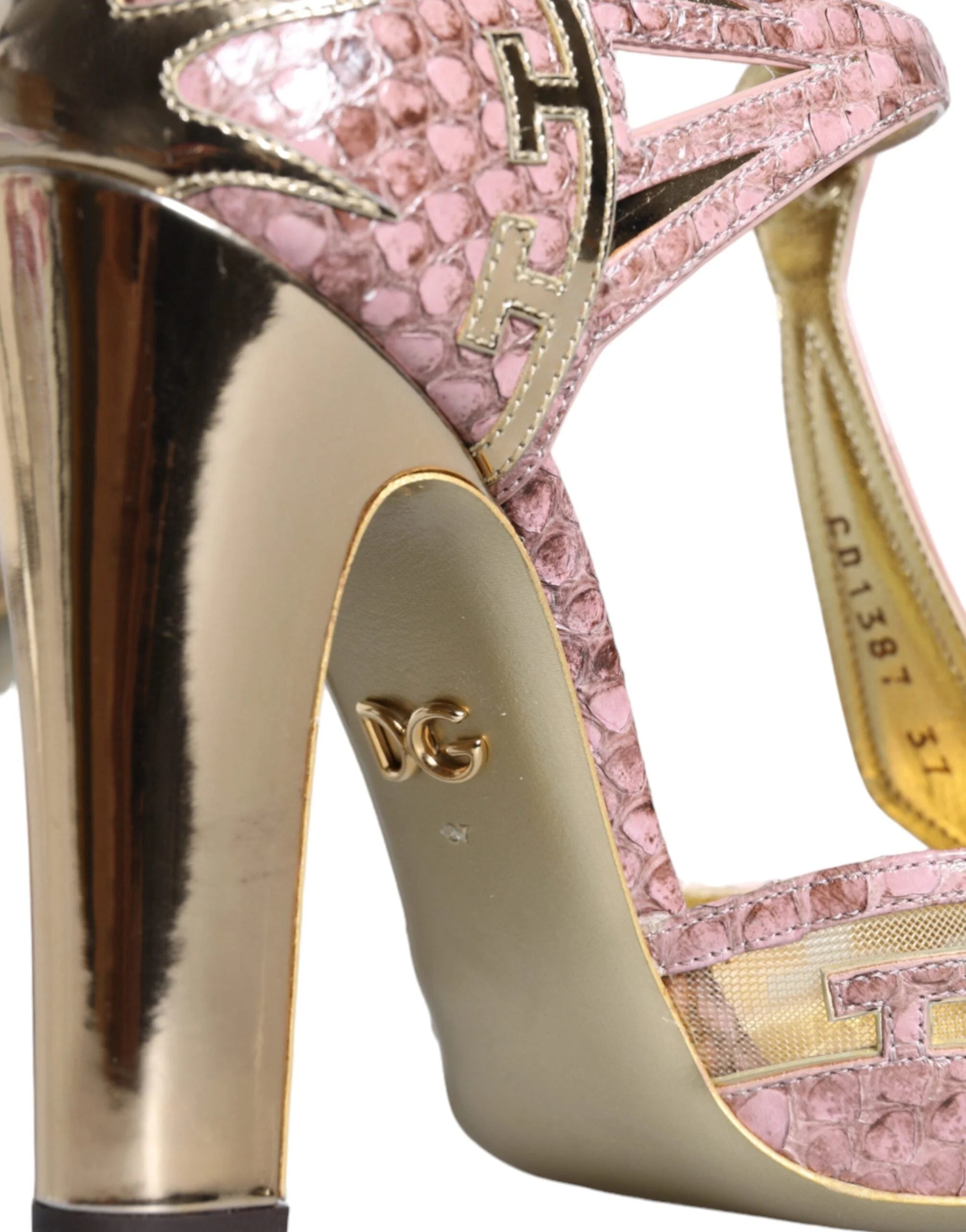 Dolce & Gabbana Pink Gold Leather Pumps T-strap Sandals Shoes - EU37/US7 - Sandals