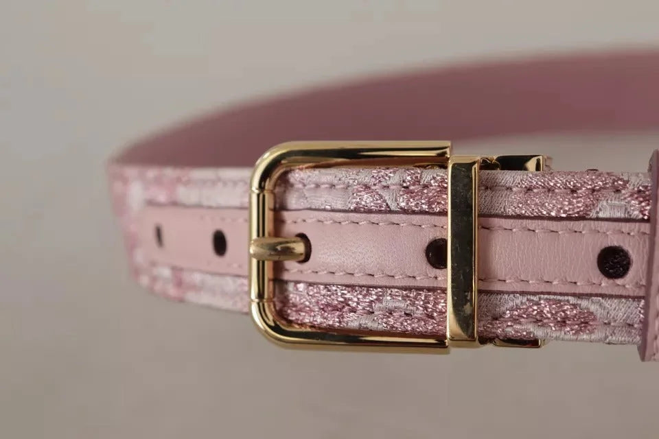 Dolce & Gabbana Pink Jaquard Embroidered Gold Tone Metal Buckle Belt - 75 cm / 29,5 Inches - Belts