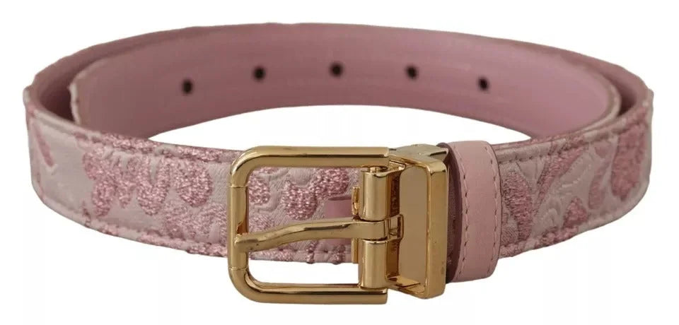 Dolce & Gabbana Pink Jaquard Embroidered Gold Tone Metal Buckle Belt - 75 cm / 29,5 Inches - Belts