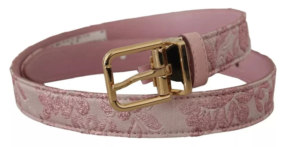 Dolce & Gabbana Pink Jaquard Embroidered Gold Tone Metal Buckle Belt - 75 cm / 29,5 Inches - Belts
