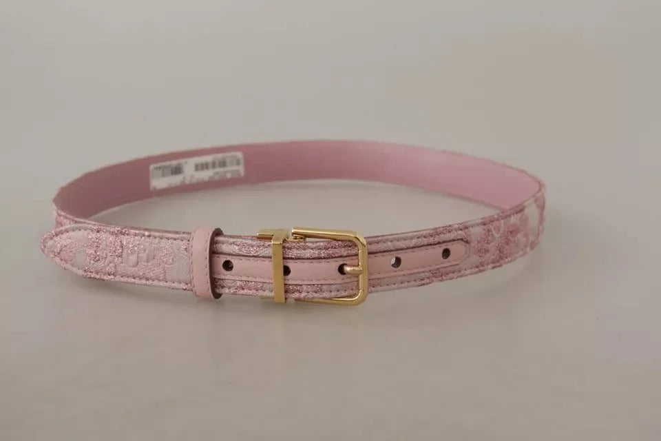 Dolce & Gabbana Pink Jaquard Embroidered Gold Tone Metal Buckle Belt - 75 cm / 29,5 Inches - Belts