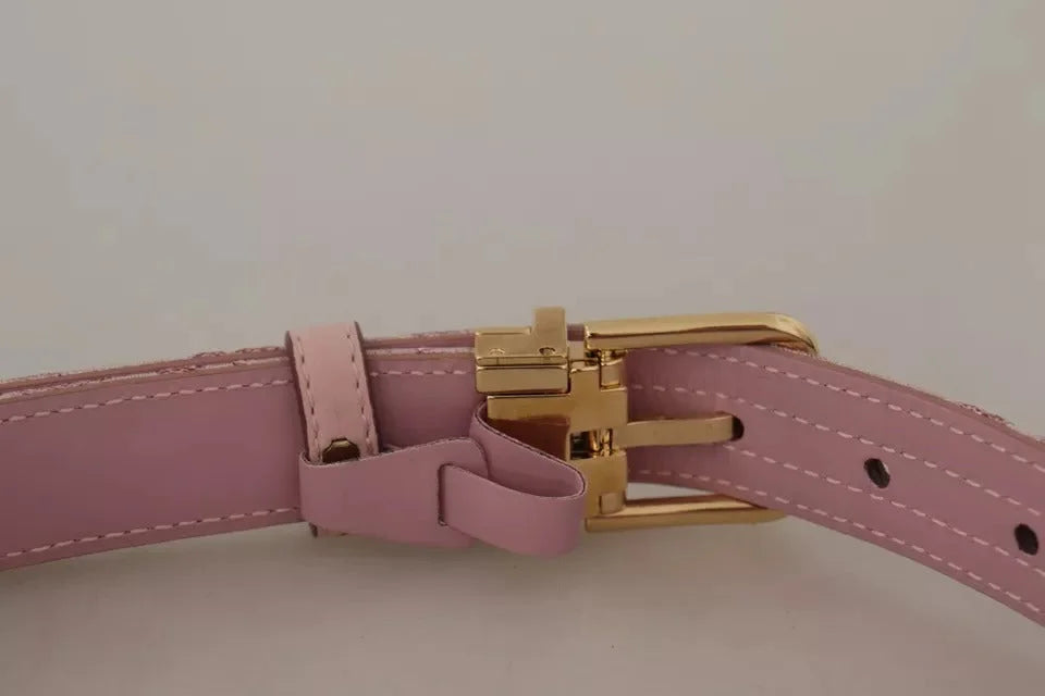 Dolce & Gabbana Pink Jaquard Embroidered Gold Tone Metal Buckle Belt - 75 cm / 29,5 Inches - Belts