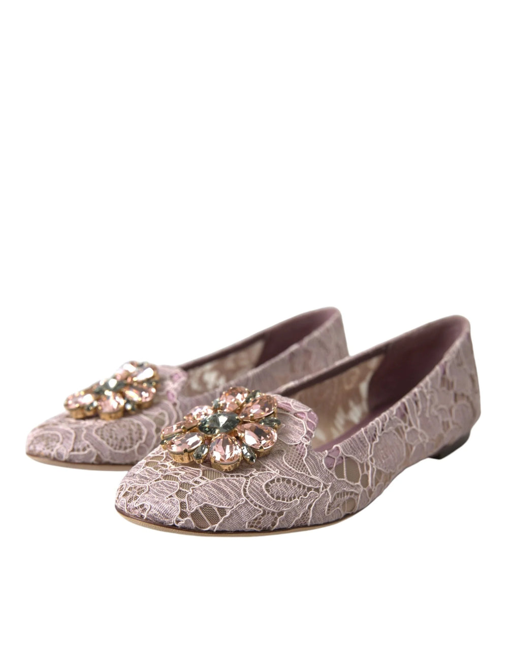 Dolce & Gabbana Pink Lace Crystal Ballet Flats Loafers Shoes - EU35.5/US5 - Flats