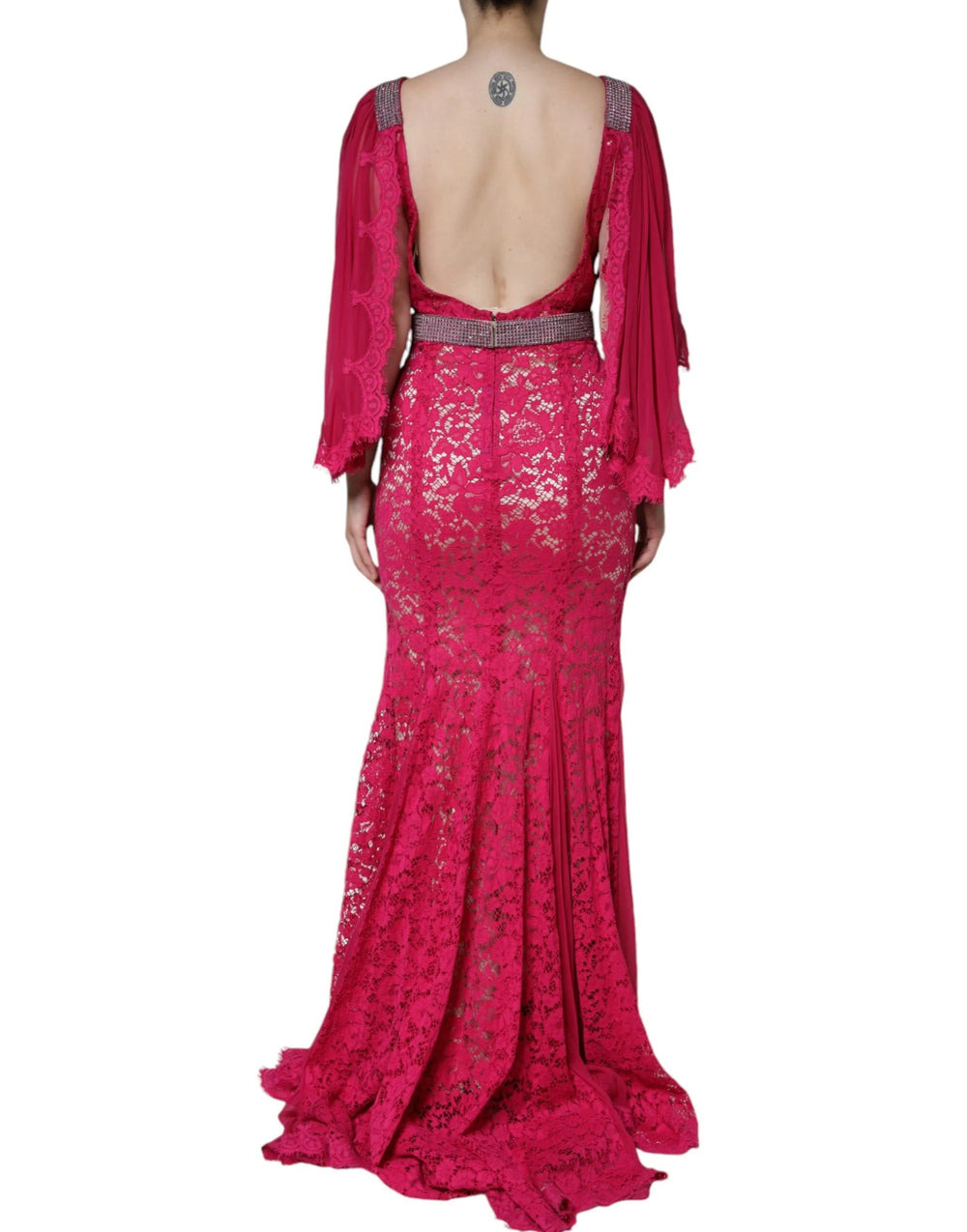 Dolce & Gabbana Pink Lace Crystal Sheath Long Gown Dress - IT42|M