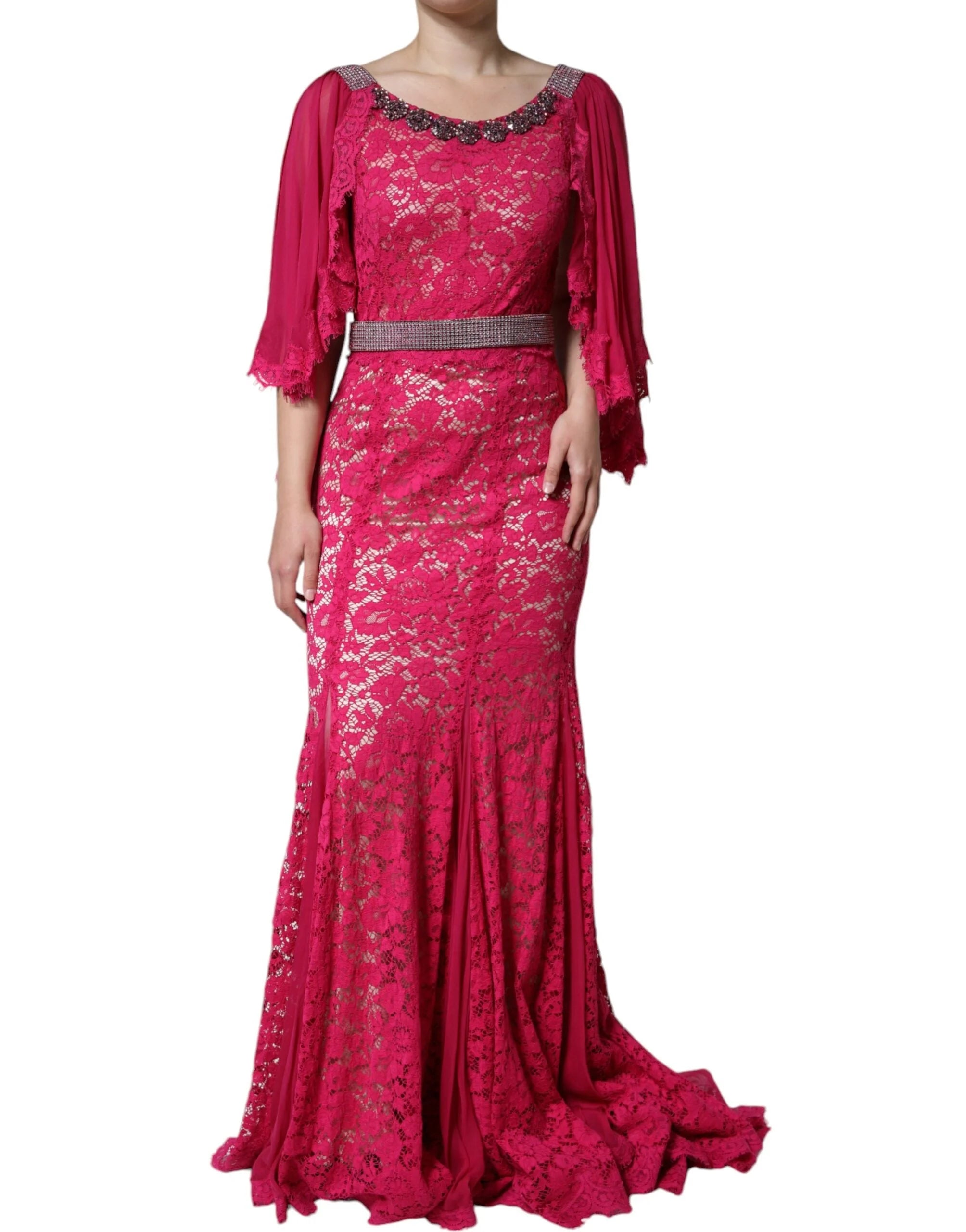 Dolce & Gabbana Pink Lace Crystal Sheath Long Gown Dress - IT42|M