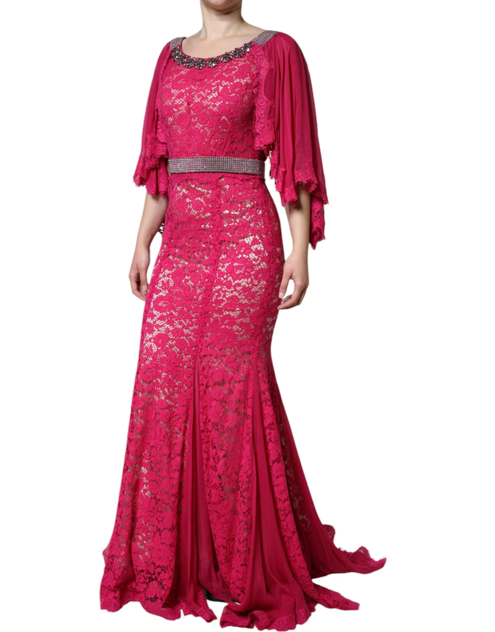 Dolce & Gabbana Pink Lace Crystal Sheath Long Gown Dress - IT42|M