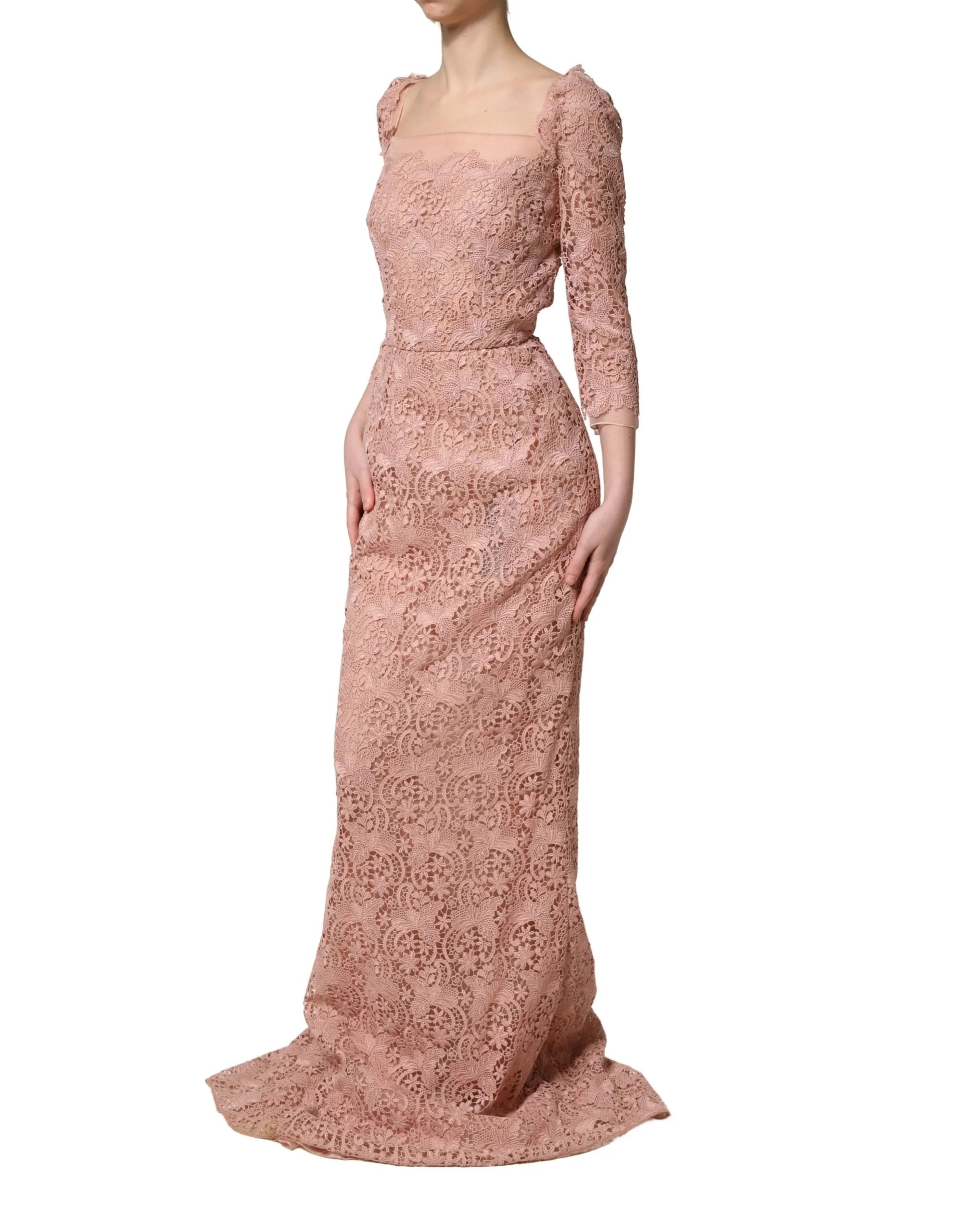 Dolce & Gabbana Pink Lace Long-Sleeved Evening Gown Dress - IT36|XXS