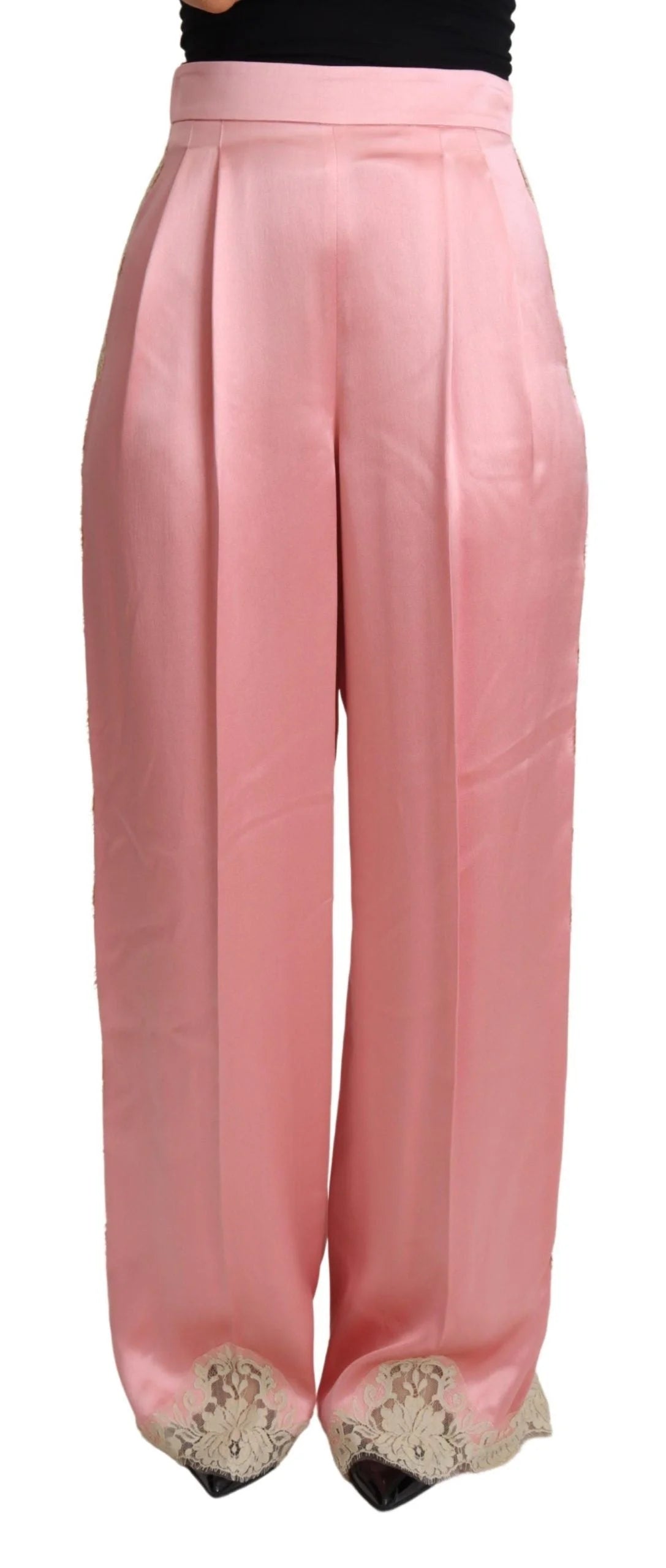 Dolce & Gabbana Pink Lace Trimmed Silk Satin Wide Legs Pants - Trousers