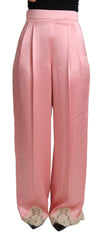 Dolce & Gabbana Pink Lace Trimmed Silk Satin Wide Legs Pants - Trousers