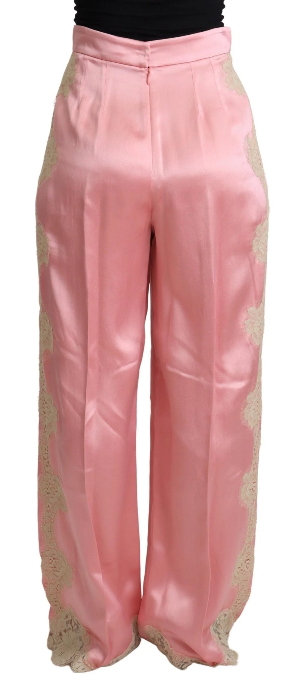 Dolce & Gabbana Pink Lace Trimmed Silk Satin Wide Legs Pants - Trousers