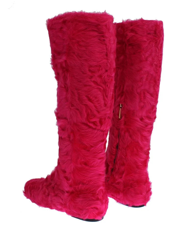 Dolce & Gabbana Pink Lamb Fur Leather Flat Boots - EU38/US7.5 - Boots