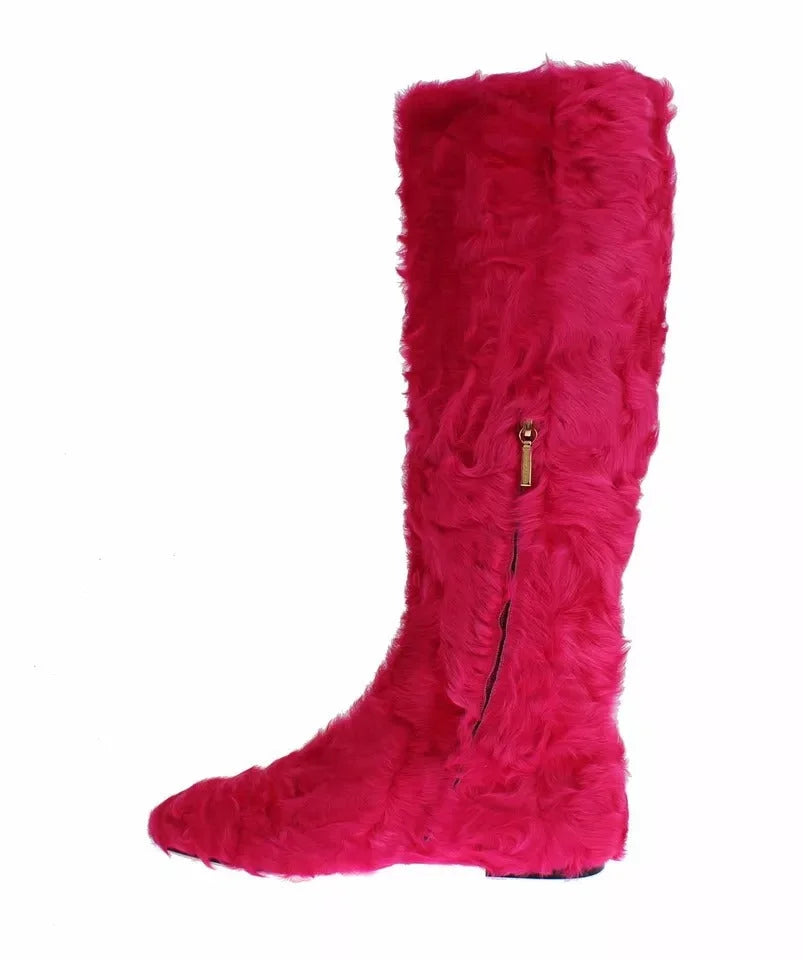 Dolce & Gabbana Pink Lamb Fur Leather Flat Boots Shoes - EU38/US7.5 - Boots