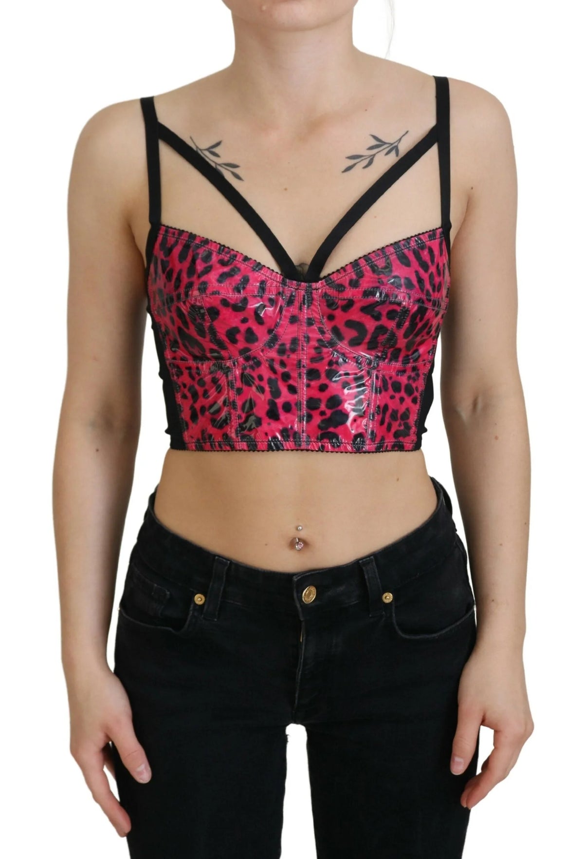 Dolce & Gabbana Pink Leopard Print Cropped Bustier Corset Top - IT40|S - Blouses