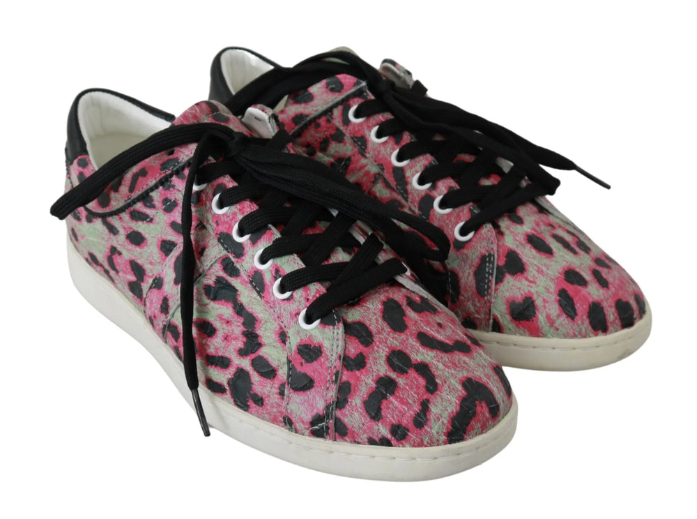 Dolce & Gabbana Pink Leopard Print Training Leather Flat Sneakers - EU42/US9 - Sneakers