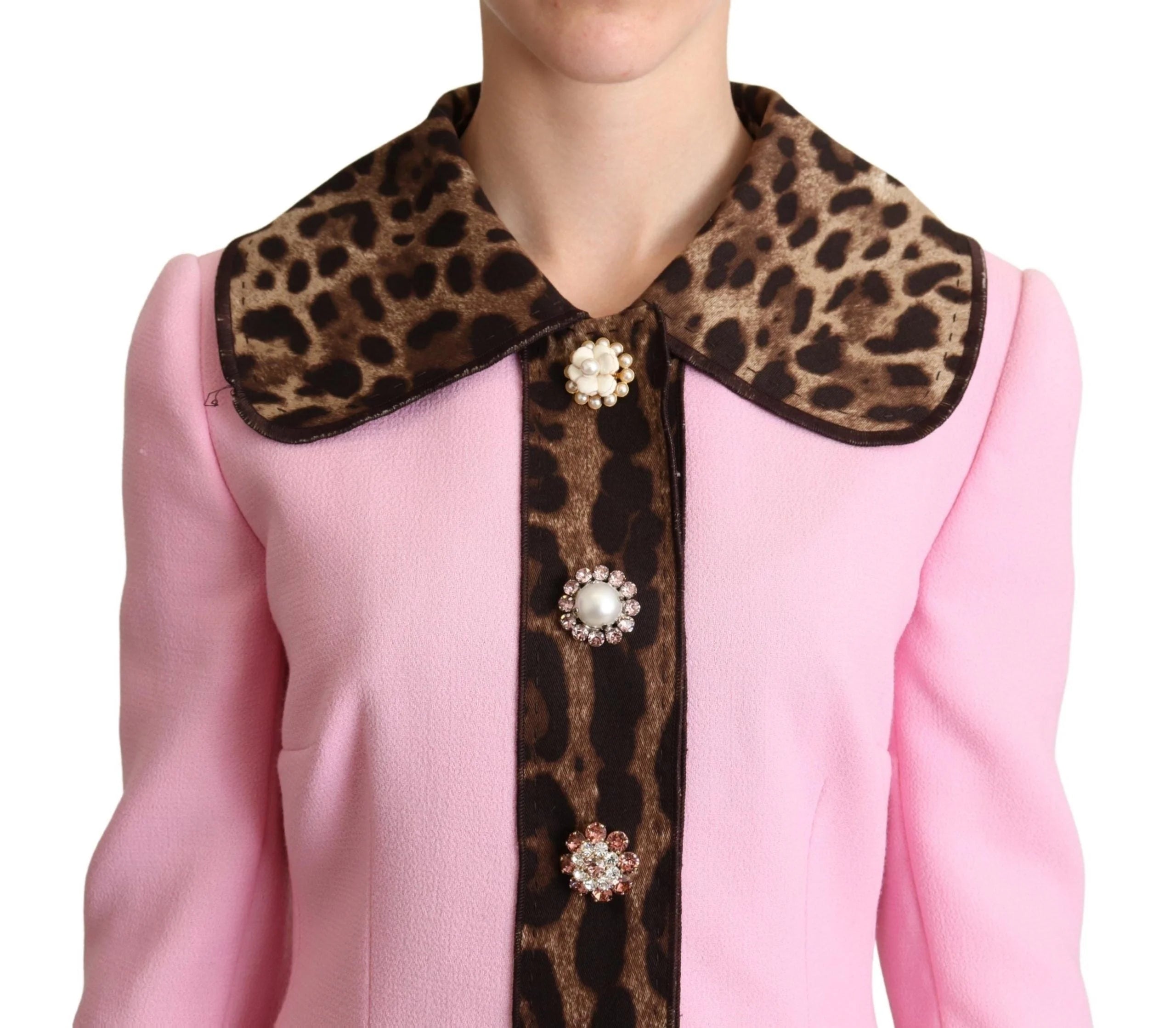 Dolce & Gabbana Pink Leopard Wool Trenchcoat Jacket - IT38|XS - Trench Coats