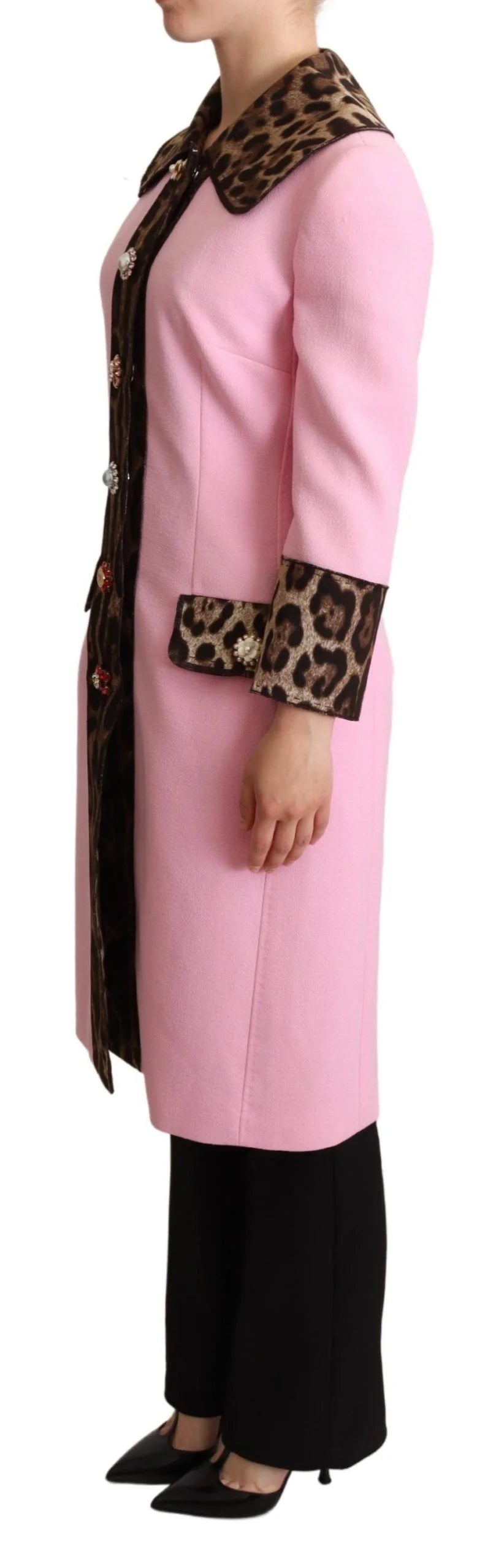 Dolce & Gabbana Pink Leopard Wool Trenchcoat Jacket - IT38|XS - Trench Coats