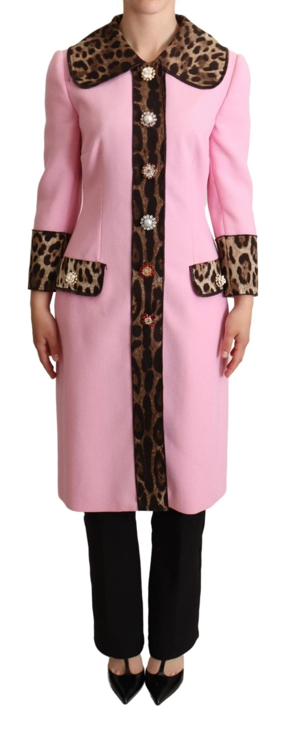 Dolce & Gabbana Pink Leopard Wool Trenchcoat Jacket - IT38|XS - Trench Coats