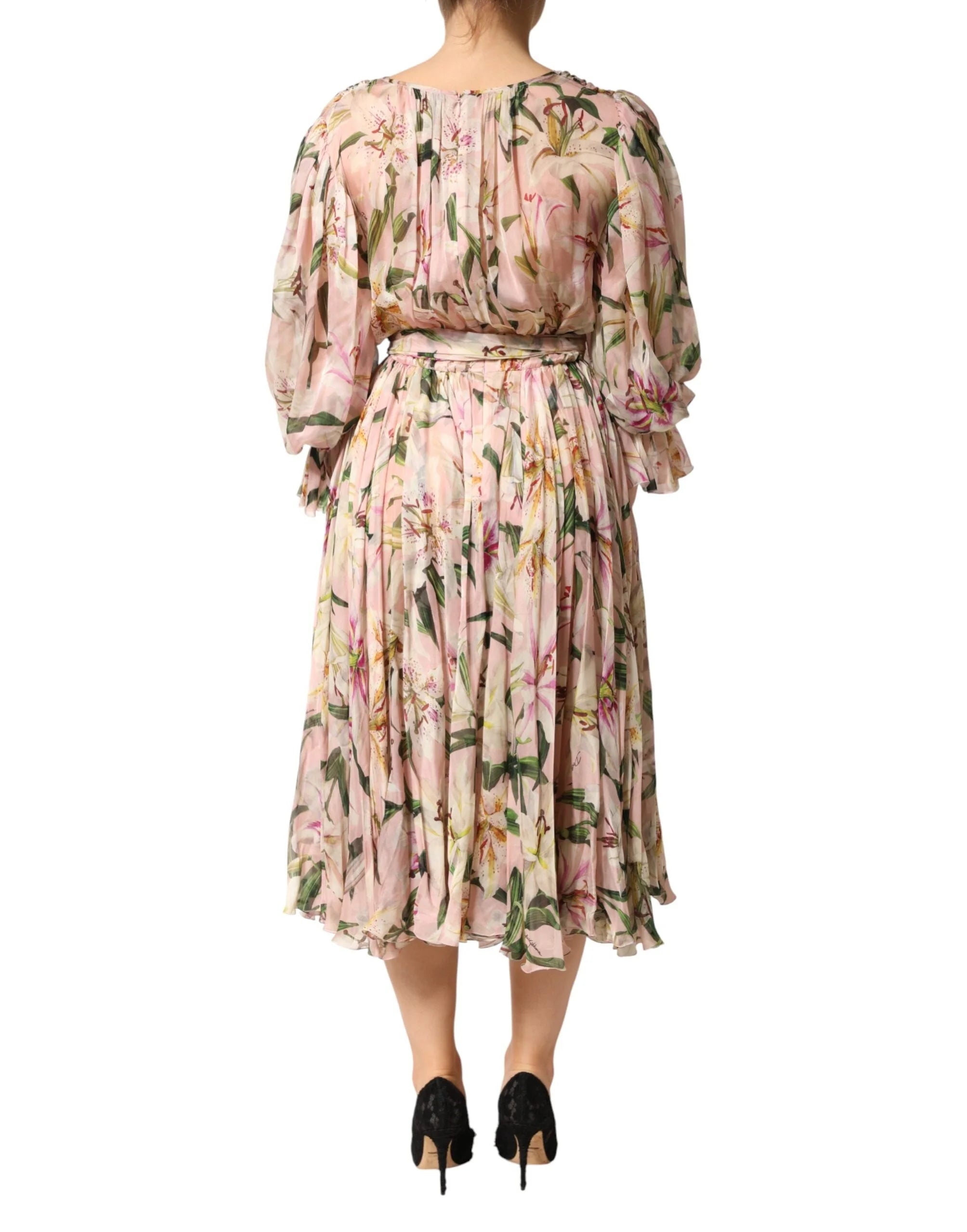 Dolce & Gabbana Pink Lily Print A-line Pleated Maxi Dress - IT38 | XS