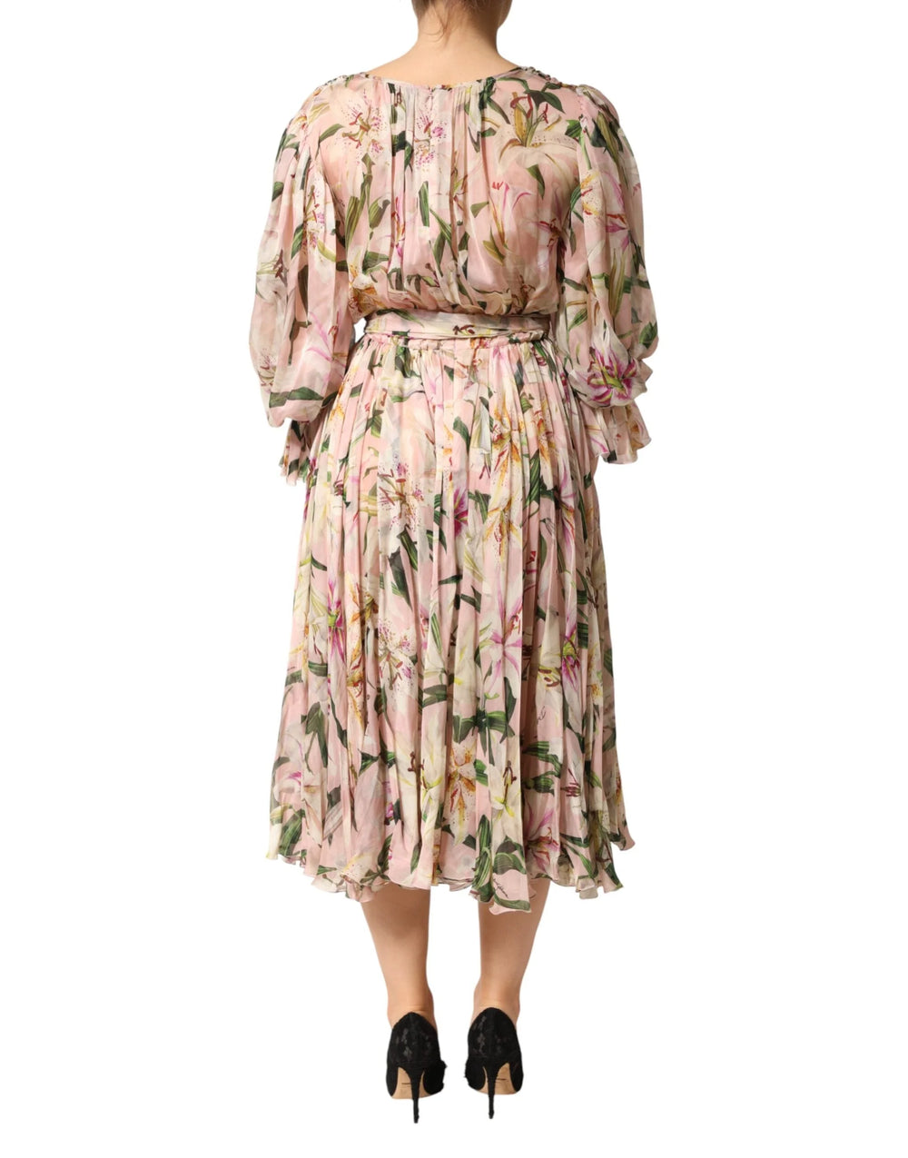Dolce & Gabbana Pink Lily Print A-line Pleated Maxi Dress - IT38 | XS