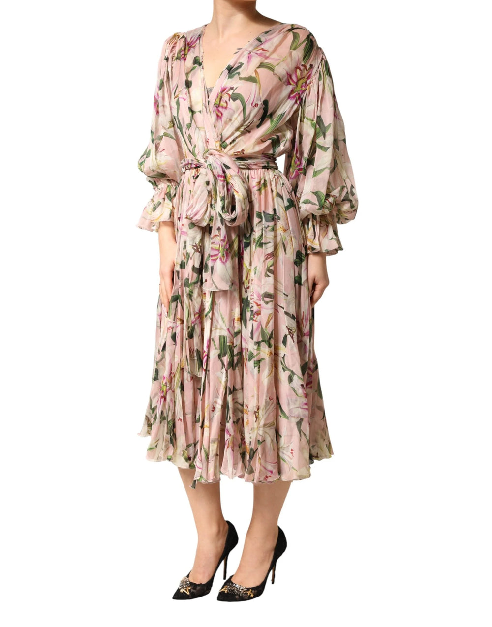 Dolce & Gabbana Pink Lily Print A-line Pleated Maxi Dress - IT38 | XS